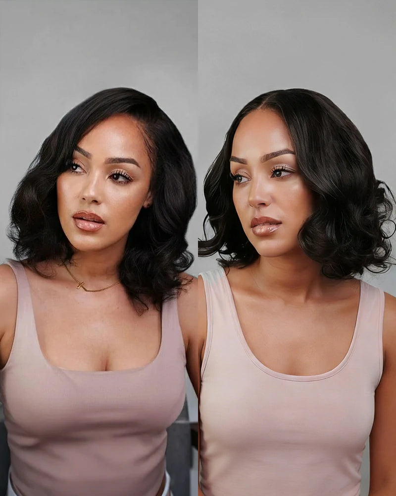 Black loose wave short bob wig with side part or middle part styling for a natural, effortless look