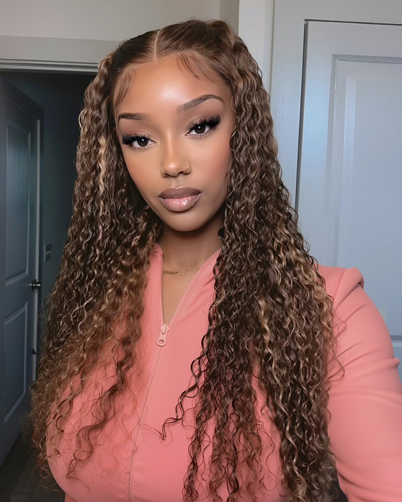 000Arabella 13x4 Frontal Lace &amp; 6x5 Invisible Knots Glueless Honey Blonde Highlights On Brown Wig Water Wave Wig Invisible Knots