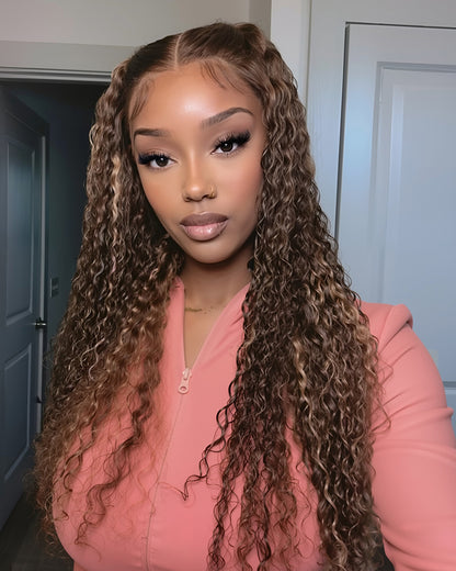 000Arabella 13x4 Frontal Lace &amp; 6x5 Invisible Knots Glueless Honey Blonde Highlights On Brown Wig Water Wave Wig Invisible Knots