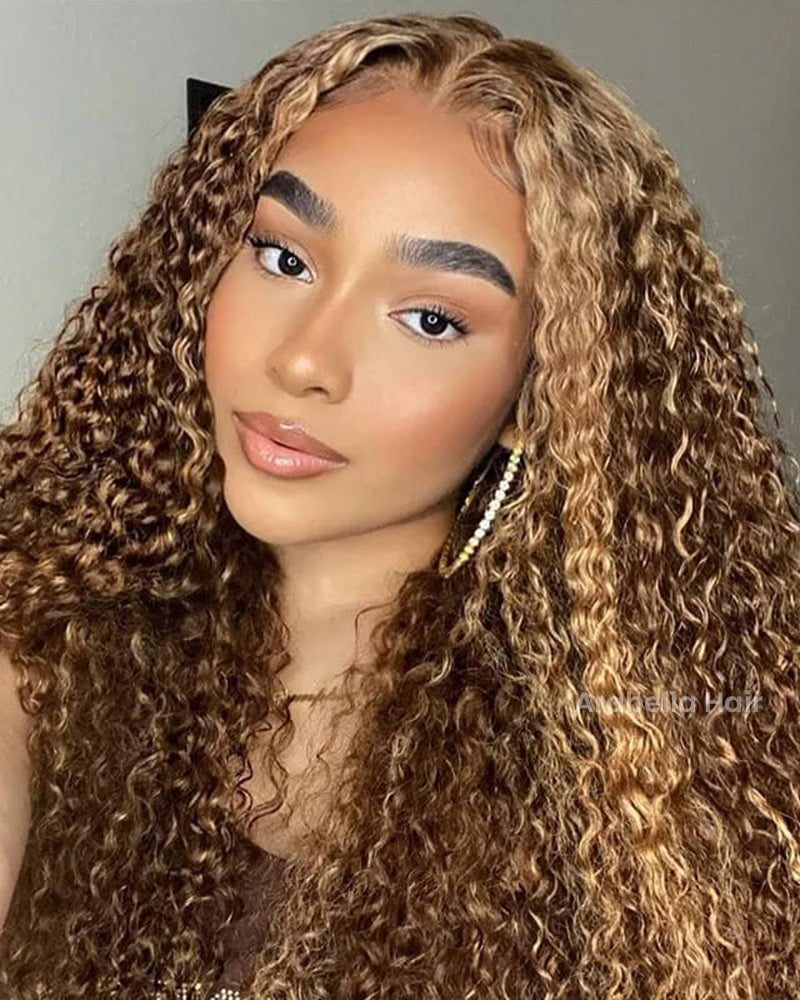 000Arabella 13x4 Frontal Lace &amp; 6x5 Invisible Knots Glueless Honey Blonde Highlights On Brown Wig Water Wave Wig Invisible Knots