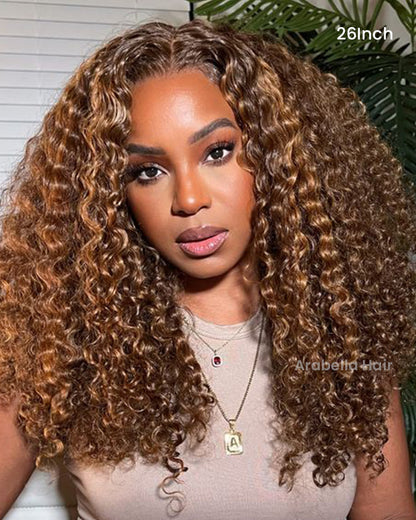 000Arabella 13x4 Frontal Lace &amp; 6x5 Invisible Knots Glueless Honey Blonde Highlights On Brown Wig Water Wave Wig Invisible Knots