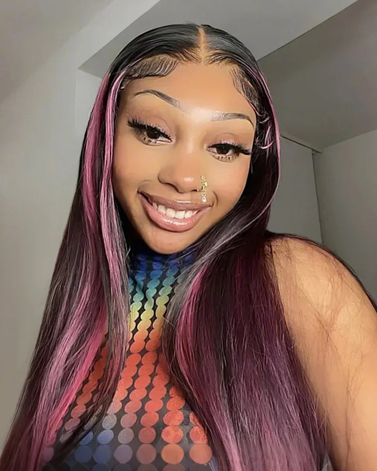 【BOGO】Red Purple Highlights Color Straight 13x4 Lace Front Human Hair Wigs Free Part