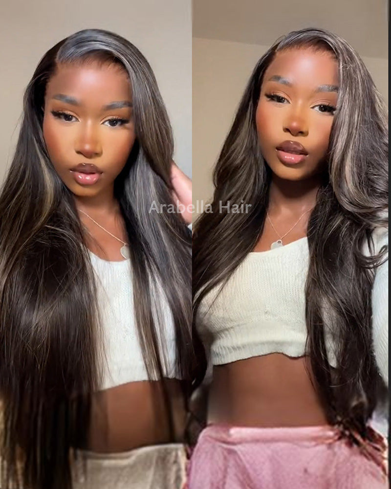 【BOGO】Arabella 6x5 Invisible Knots &amp; 13x4 Frontal Lace Honey Blonde Highlights On Black Body Wave Wig Invisible Knots