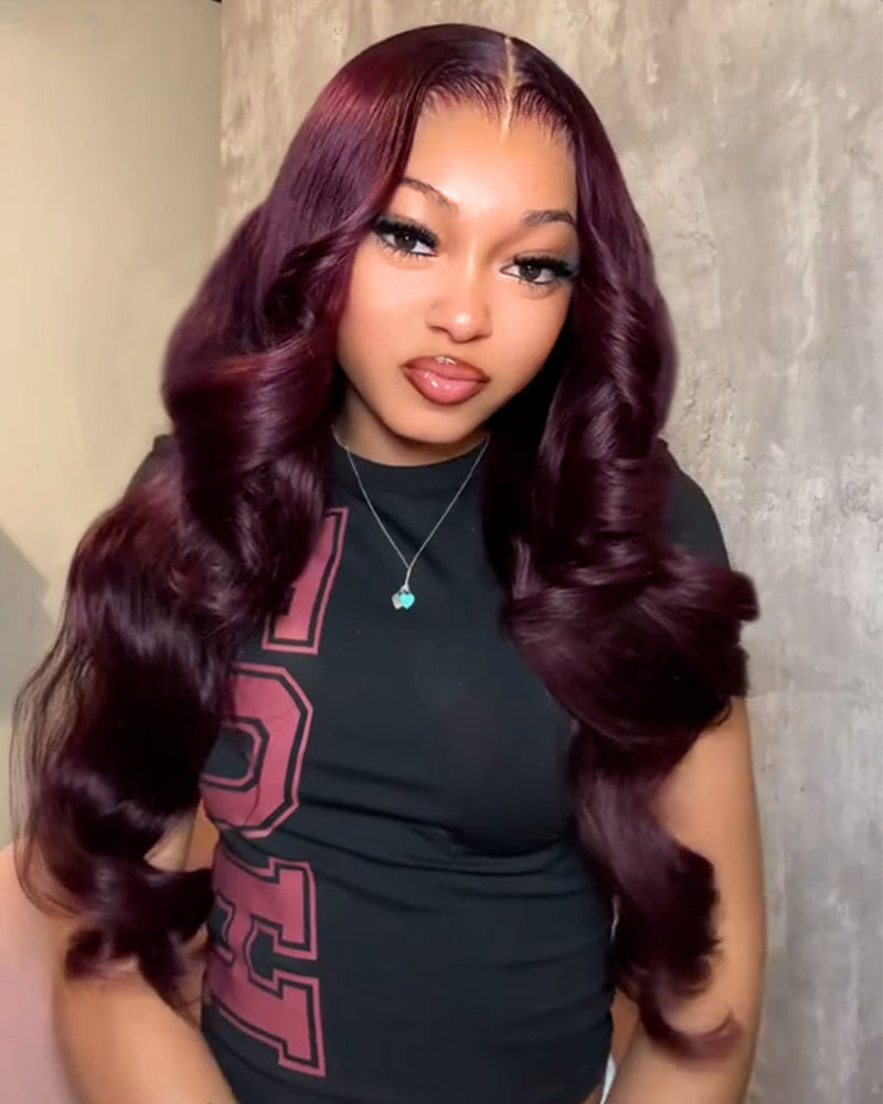 Arabella 13x4 Frontal Lace Dark Plum Body Wave Wig Invisible Knots Realistic Hairline