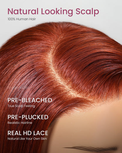 【BOGO】Reddish Brown Auburn Color Straight Short Bob 6x5 Lace Front Human Hair Wigs