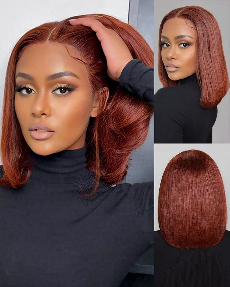 【BOGO】Reddish Brown Auburn Color Straight Short Bob 6x5 Lace Front Human Hair Wigs