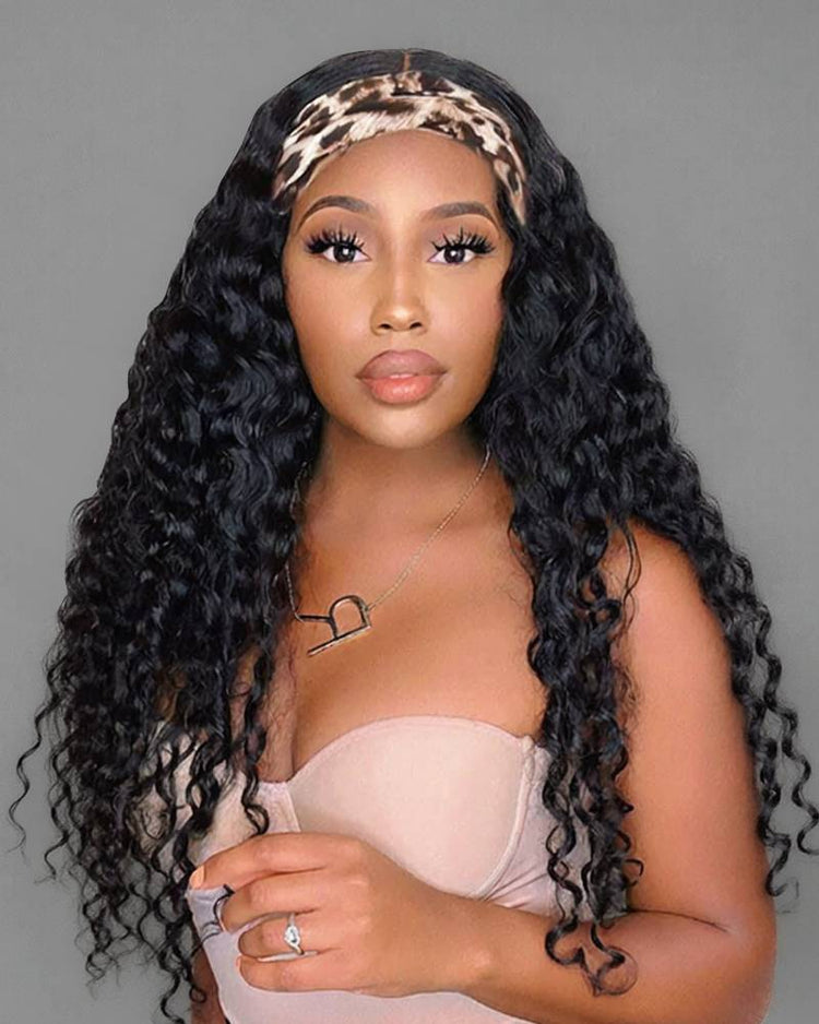 Arabella Headband Wig Natural Black Water Wave Wig For Beginners 100% Human Hair Wig