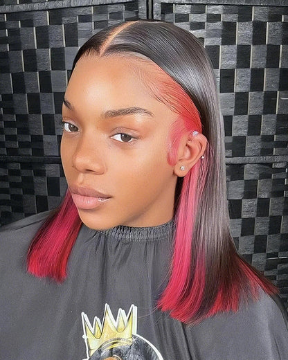 Arabella 13x4 Frontal Lace Peekaboo Highlights Red Straight Bob Wig Invisible Knots Realistic Hairline