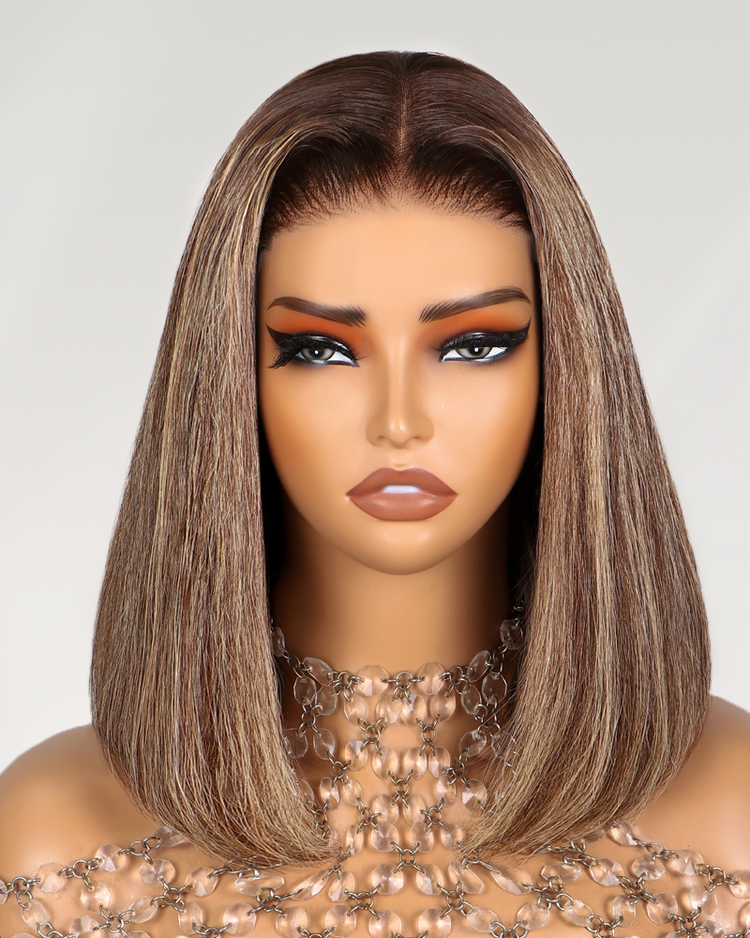 Arabella 6x5 invisible knots Glueless Honey Blonde Highlights On Black Straight Bob Wig Pre-cut Lace Beginner Friendly