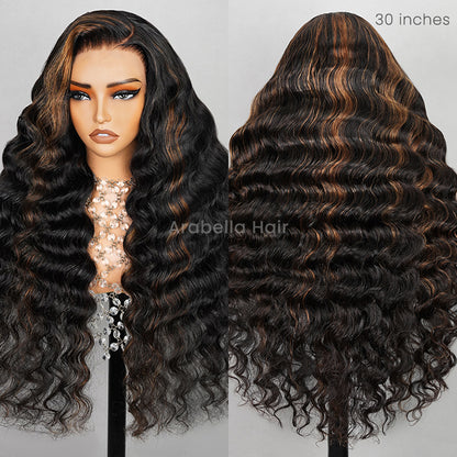 Arabella 13x4 Frontal Lace Auburn Highlights on Black Hair Loose Deep Wave Wig Invisible Knots Realistic Hairline