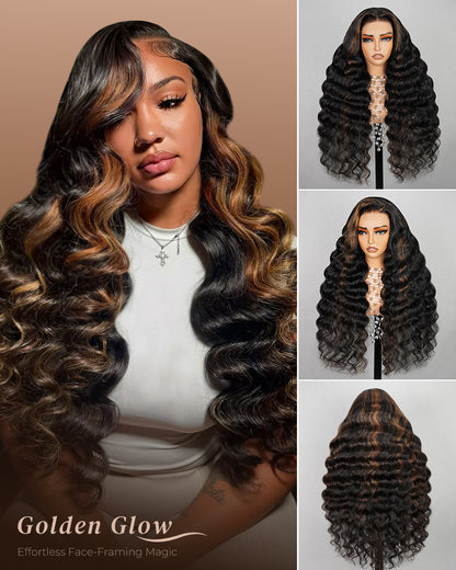 Arabella 6x5 invisible knots Glueless Auburn Highlights on Black Hair Loose Deep Wave Wig Pre-cut Lace