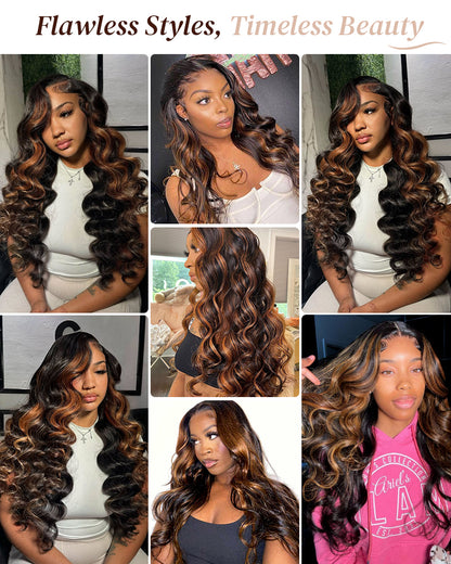 Arabella 6x5 invisible knots Glueless Auburn Highlights on Black Hair Loose Deep Wave Wig Pre-cut Lace