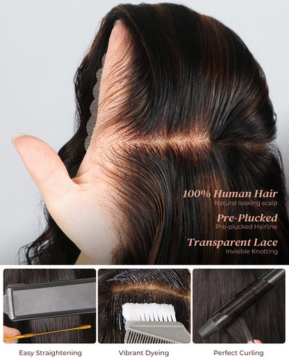 Arabella 6x5 invisible knots Glueless Auburn Highlights on Black Hair Loose Deep Wave Wig Pre-cut Lace