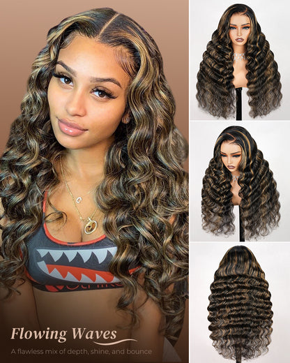 000Arabella 6x5 invisible knots Glueless Balayage Highlight Colored Wig Loose Deep Wave Wig Pre-cut Lace Beginner Friendly