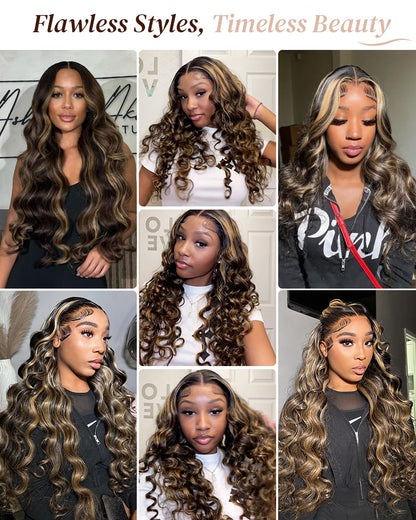 000Arabella 6x5 invisible knots Glueless Balayage Highlight Colored Wig Loose Deep Wave Wig Pre-cut Lace Beginner Friendly