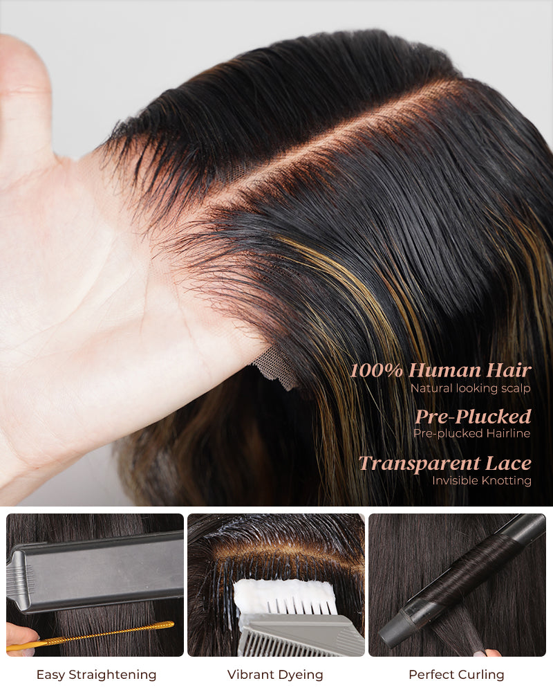 000Arabella 6x5 invisible knots Glueless Balayage Highlight Colored Wig Loose Deep Wave Wig Pre-cut Lace Beginner Friendly