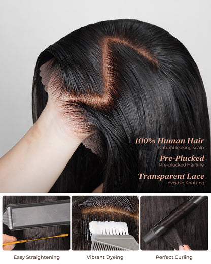 Arabella 6x5 invisible knots Glueless Straight Bob Wig Pre-cut Lace Natural Black Beginner Friendly