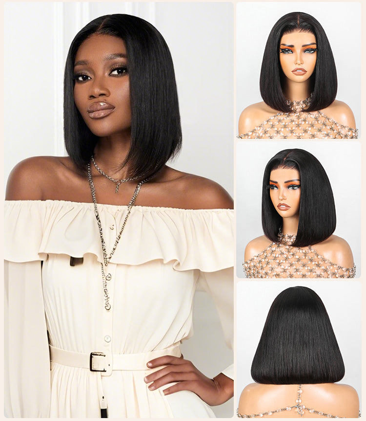 Collage of Bob Wig on Model and Mannequin