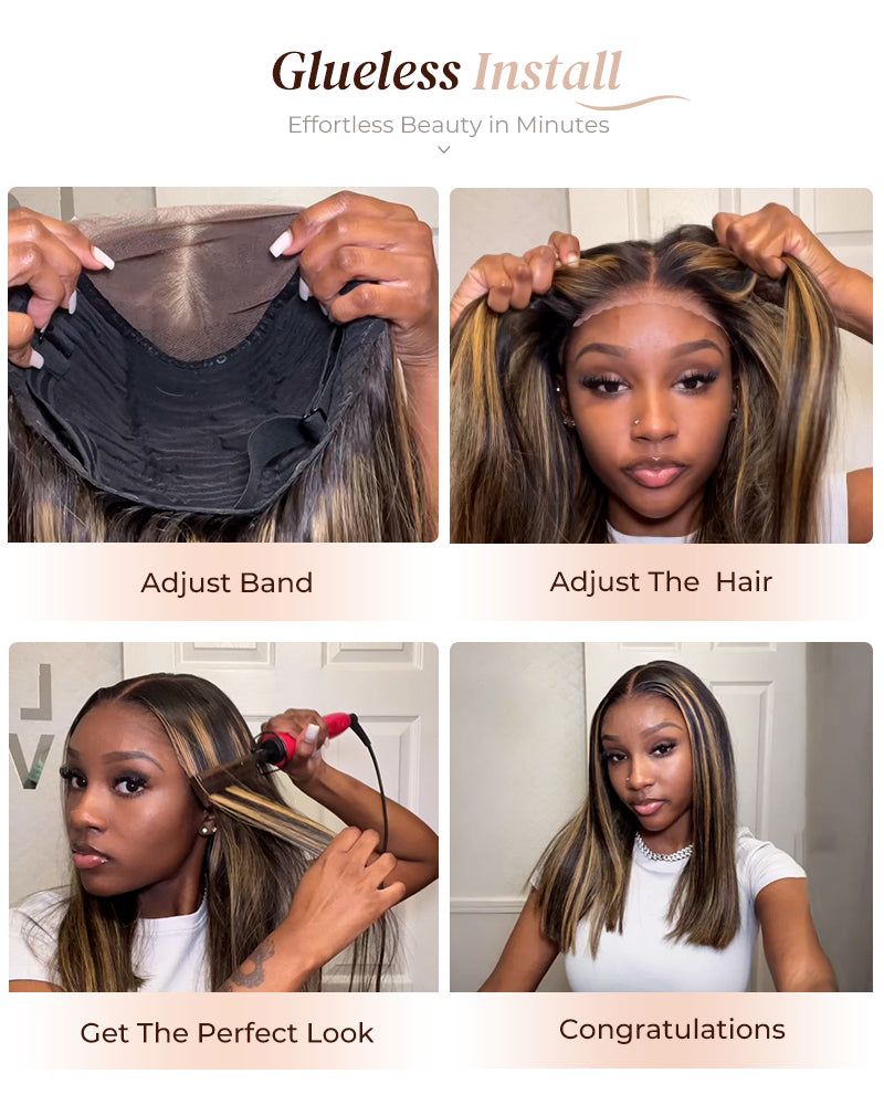 Arabella 6x5 Invisible Knots &amp; 13x4 Frontal Lace Balayage Highlight Straight Bob Colored Wig Pre-cut Lace Beginner Friendly