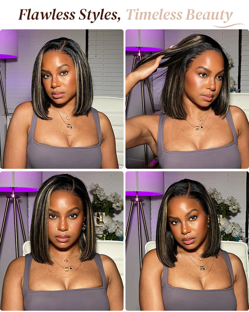 Arabella 6x5 Invisible Knots &amp; 13x4 Frontal Lace Balayage Highlight Straight Bob Colored Wig Pre-cut Lace Beginner Friendly