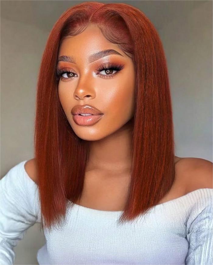 Woman Wearing Reddish Brown Short Bob Wig