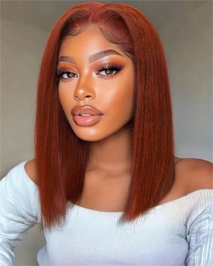 Woman Wearing Reddish Brown Short Bob Wig