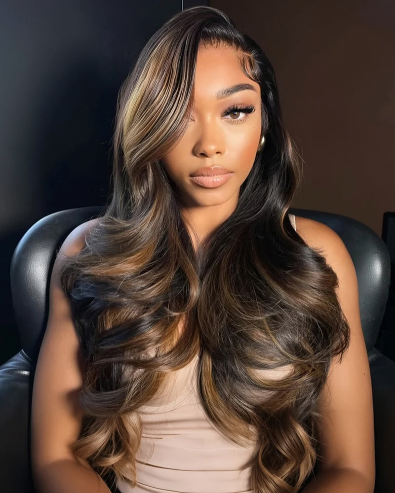 Arabella 360 Full Lace Glueless Auburn Highlights on Black Hair Body Wave Wig Invisi Drawstring Pull &amp; Go