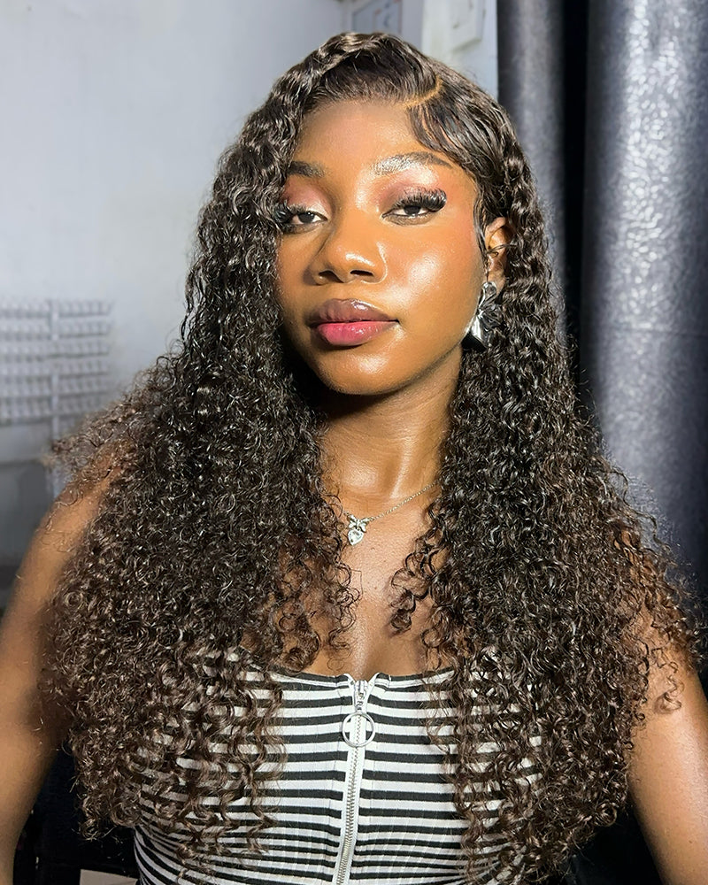 Arabella 13x4 Frontal Lace &amp; 6x5 Invisible Knots Glueless Chocolate Brown Water Wave Wig Invisible Knots Realistic Hairline