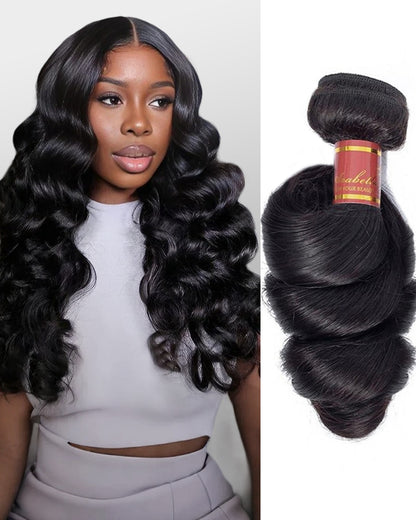 Woman with Loose Wave Next to A Bundle of Black Hair Extensions