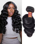 Woman with Loose Wave Next to A Bundle of Black Hair Extensions