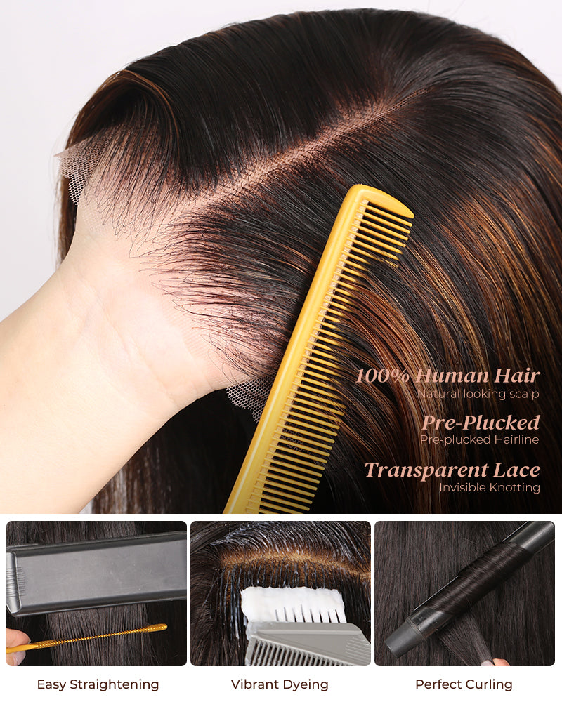 Arabella 6x5/6x6/13x4 Lace Glueless Auburn Highlights on Black Hair Straight Bob Wig Pre-cut Lace Beginner Friendly