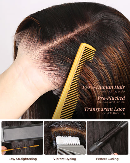 Arabella 6x5/6x6/13x4 Lace Glueless Auburn Highlights on Black Hair Straight Bob Wig Pre-cut Lace Beginner Friendly