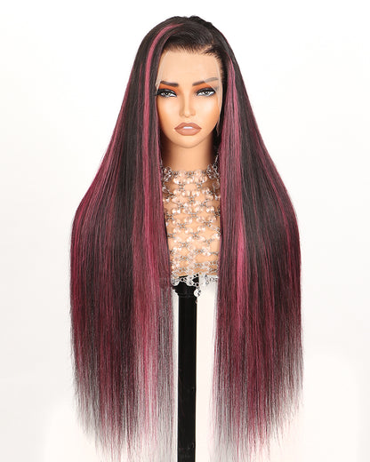 Arabella 13x4 Frontal Lace Purple Highlight Straight Wig Invisible Knots Realistic Hairline