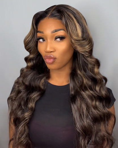 Arabella 13x4 Frontal Lace &amp; 6x5 Invisible Knots Glueless Balayage Highlight Body Wave/Silky Straight Wig Invisible Knots Realistic Hairline