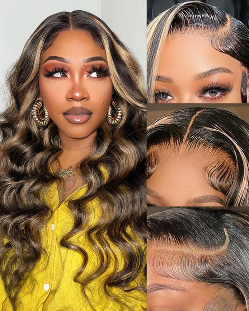 Arabella 13x4 Frontal Lace &amp; 6x5 Invisible Knots Glueless Balayage Highlight Body Wave/Silky Straight Wig Invisible Knots Realistic Hairline