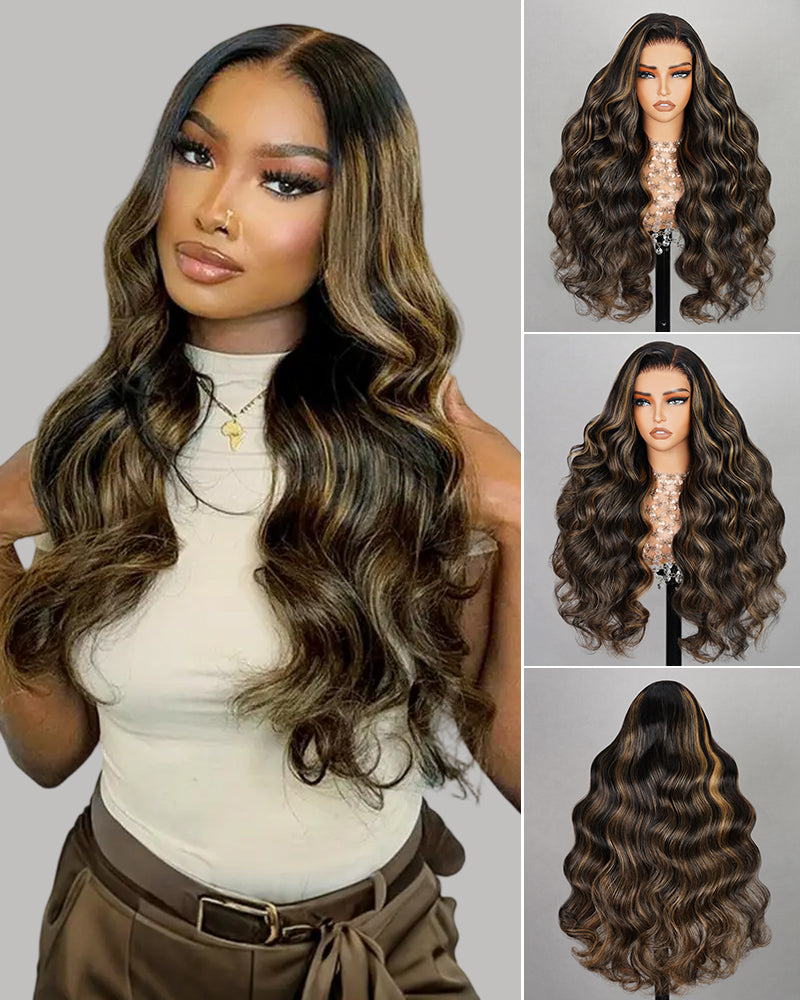 Arabella 13x4 Frontal Lace &amp; 6x5 Invisible Knots Glueless Balayage Highlight Body Wave/Silky Straight Wig Invisible Knots Realistic Hairline
