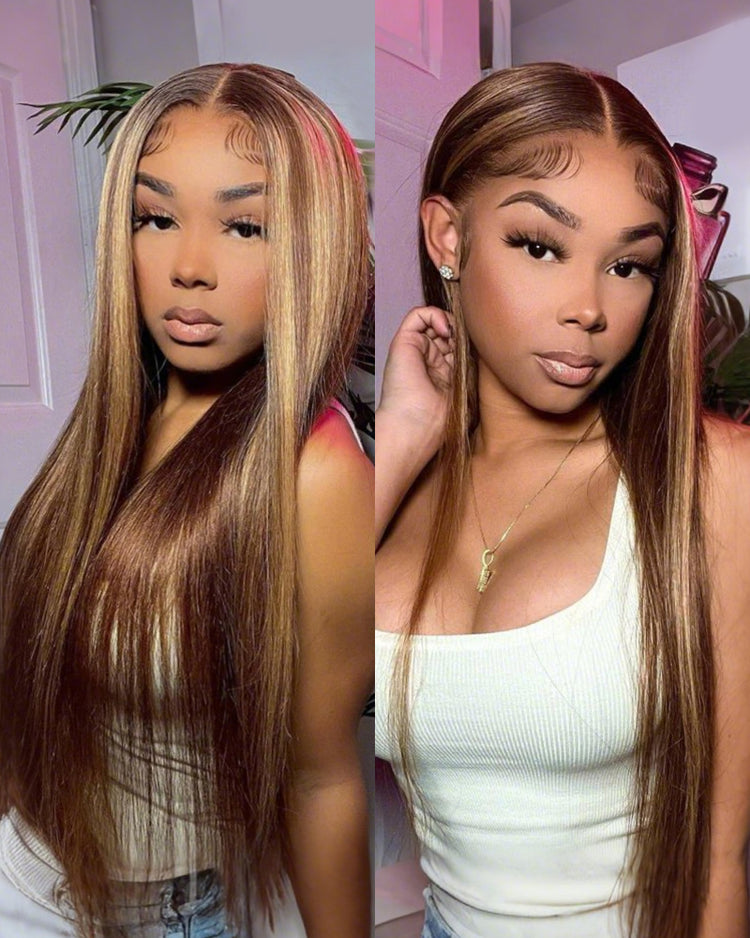 30" = $259 | 4x4 Lace Closure Straight Piano Highlight Colored Wig - Glueless Human Hair Wig
