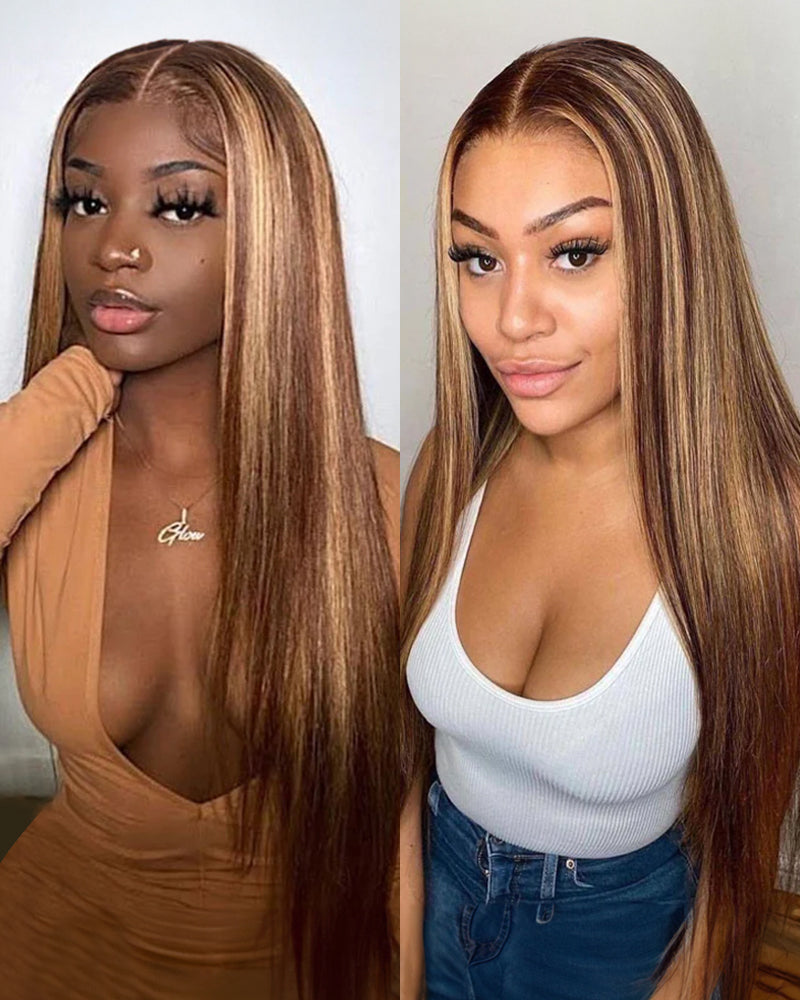 30" = $259 | 4x4 Lace Closure Straight Piano Highlight Colored Wig - Glueless Human Hair Wig