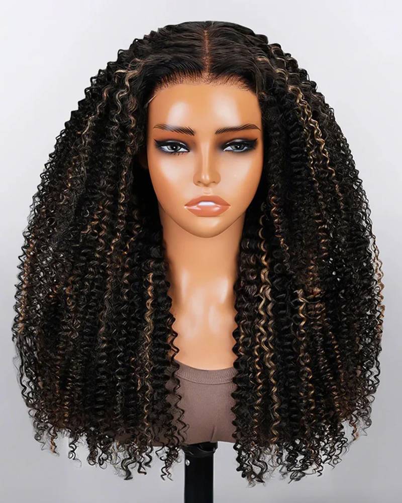 Arabella 6x5 invisible knots Glueless Honey Blonde Highlights On Black Kinky Curly Wig Pre-cut Lace Beginner Friendly