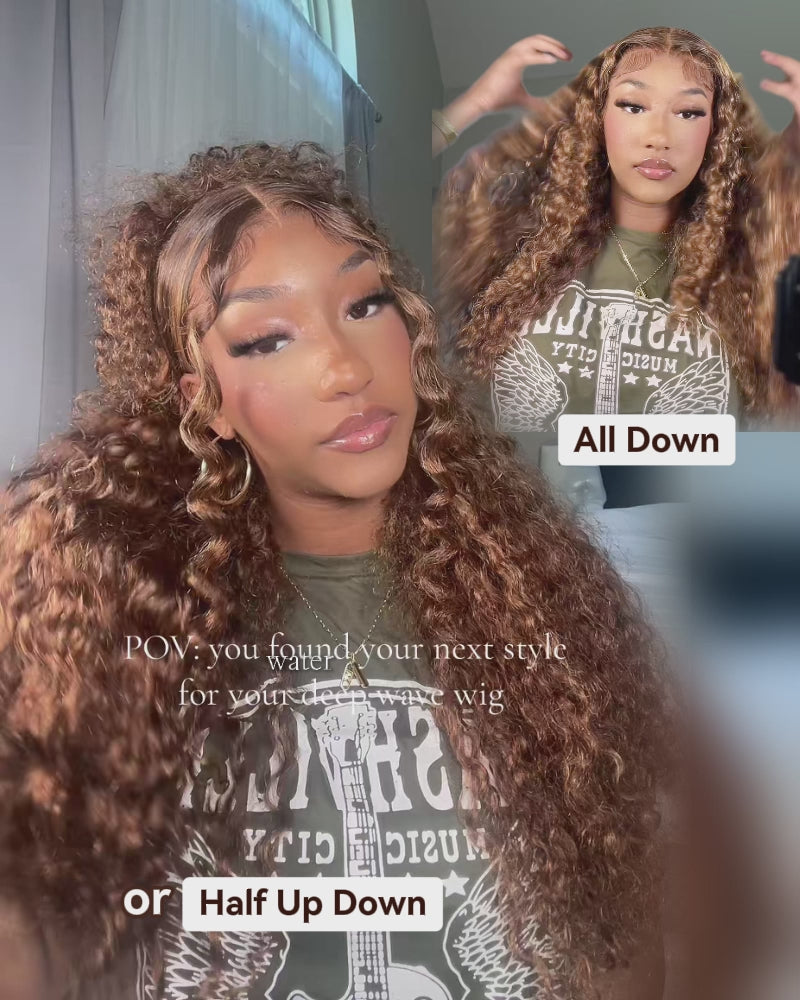 000Arabella 13x4 Frontal Lace &amp; 6x5 Invisible Knots Glueless Honey Blonde Highlights On Brown Wig Water Wave Wig Invisible Knots