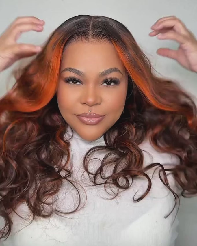 Arabella 13x6 Three-Go™ Auburn Highlights Brown Hair Glueless Wig Loose Body Wave With Drawstring