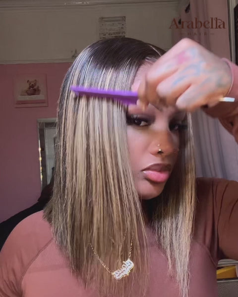 Arabella 13x6 Three-Go™ 280% High Density Ombre Platinum Blonde Balayage Highlights Old Money Bob Glueless Wig Straight Bob Wig  With Drawstring