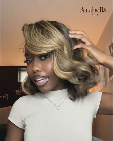 Arabella 13x6 Three-Go™ 250% High Density Ombre Platinum Blonde Balayage Highlights Old Money Bob Glueless Wig Straight Bob Wig  With Drawstring