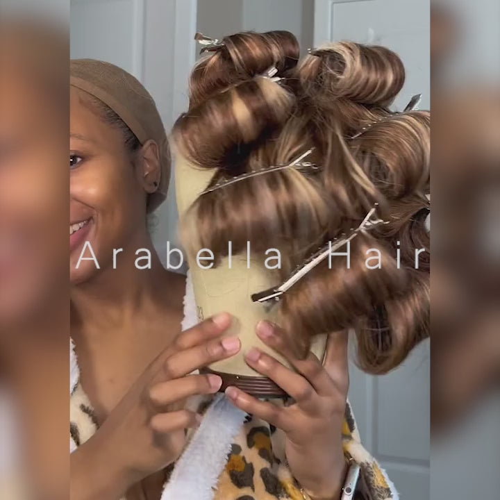 Arabella 13x4/6x5 Lace Honey Blonde Highlights On Brown Wig Body Wave Wig Invisible Knots Realistic Hairline
