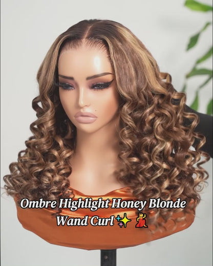 Arabella 13x6 Three-Go™ Ombre Highlight Honey Blonde Glueless Wig Wand Curl With Drawstring 100% Human Hair Wig
