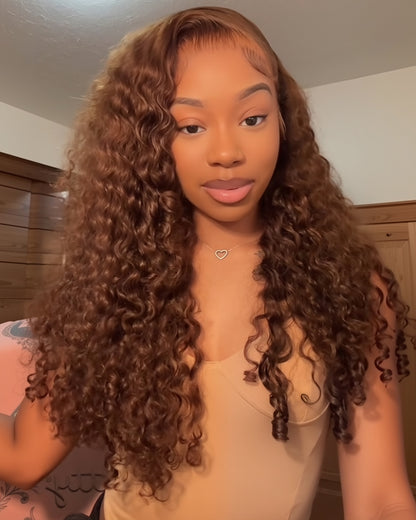 Arabella 13x4 Frontal Lace &amp; 6x5 Invisible Knots Glueless Chocolate Brown Water Wave Wig Invisible Knots Realistic Hairline