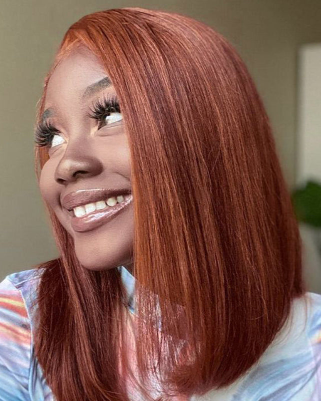 【BOGO】Reddish Brown Auburn Color Straight Short Bob 6x5 Lace Front Human Hair Wigs