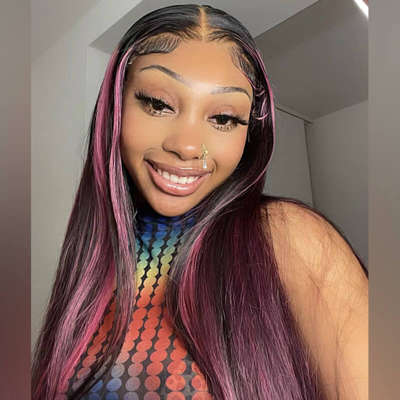 [Clearance Sale] Body Wave/Straight Color Wigs with Red Purple Highlights - Transparent 13x4 Lace Free Part (Copy)