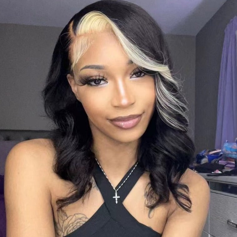 Blonde Skunk Stripe Highlight Blonde Color 15A Double Drawn Hair 13x4 Lace Frontal Wig
