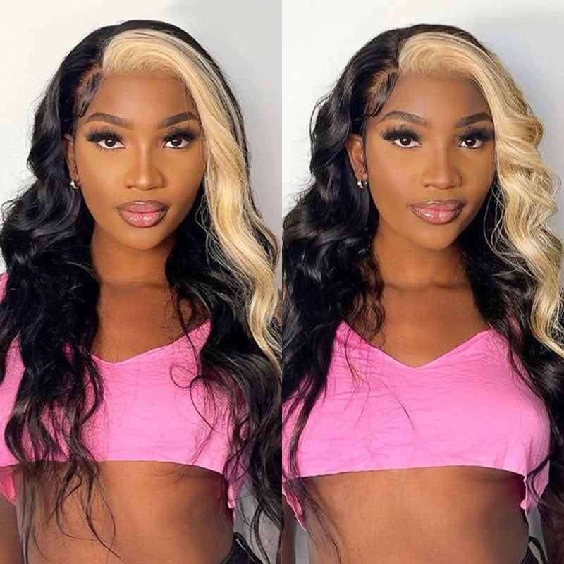 Blonde Skunk Stripe Highlight Blonde Color 15A Double Drawn Hair 13x4 Lace Frontal Wig